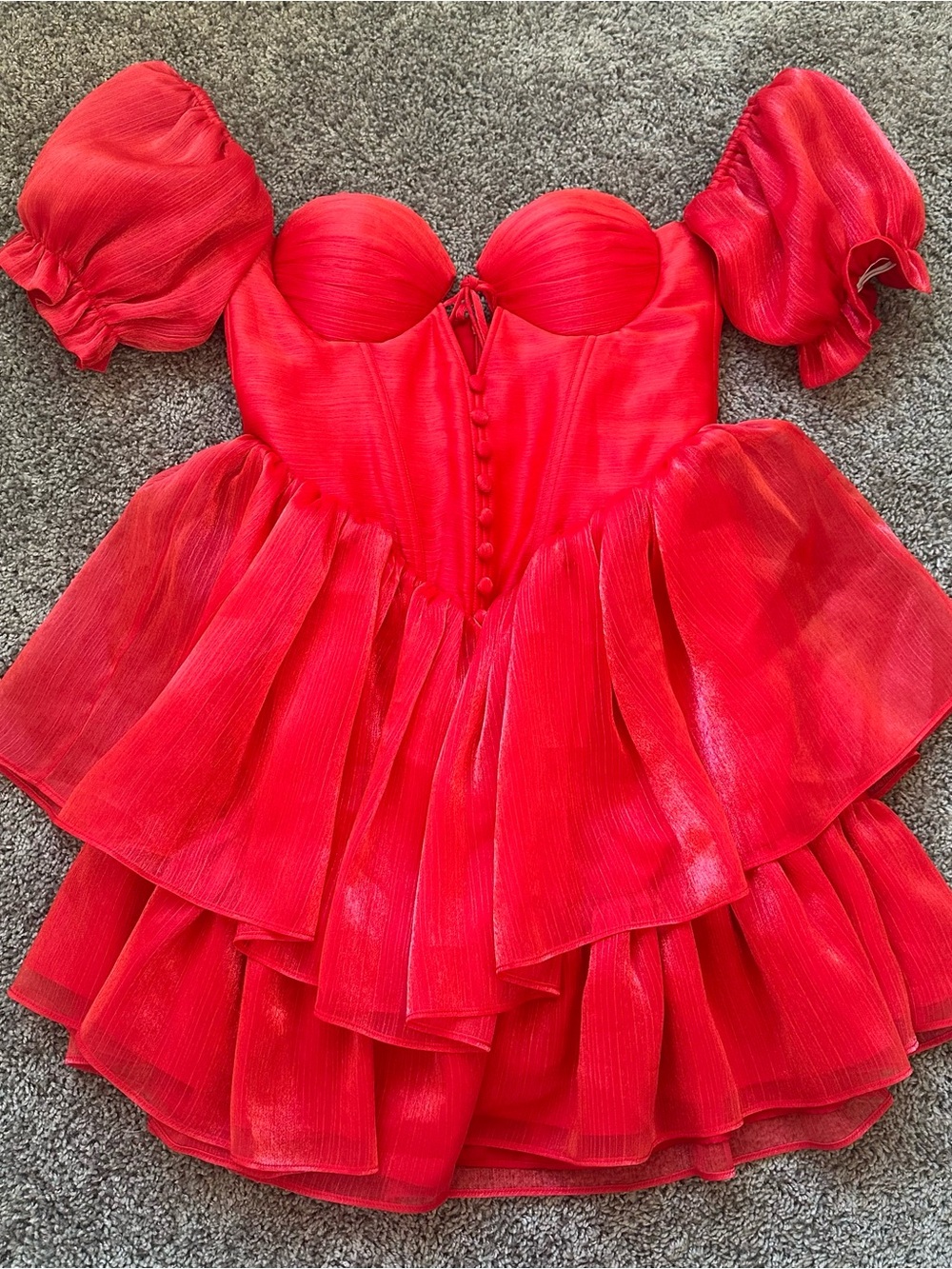 Off-Shoulder Red Corset Puff-Sleeve Mini Dress